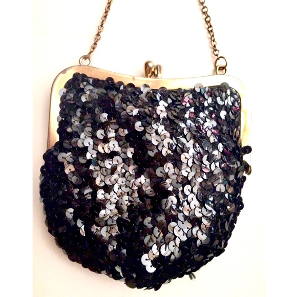 ***SOLD***Small Black Sequined Clutch Evening Handbag Coin Purse w/Chain Strap - Picture 2 of 8